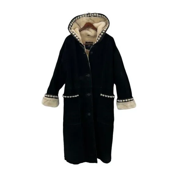 Vintage Sin by Morgan Cooper Black Suede Faux Fur Hooded Trench Coat Jacket L - Picture 3 of 16